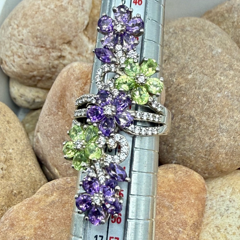 Amethyst Peridot Floral Cocktail Ring 5ctw Platinum SS Sz 6 NWT - Picture 12 of 16